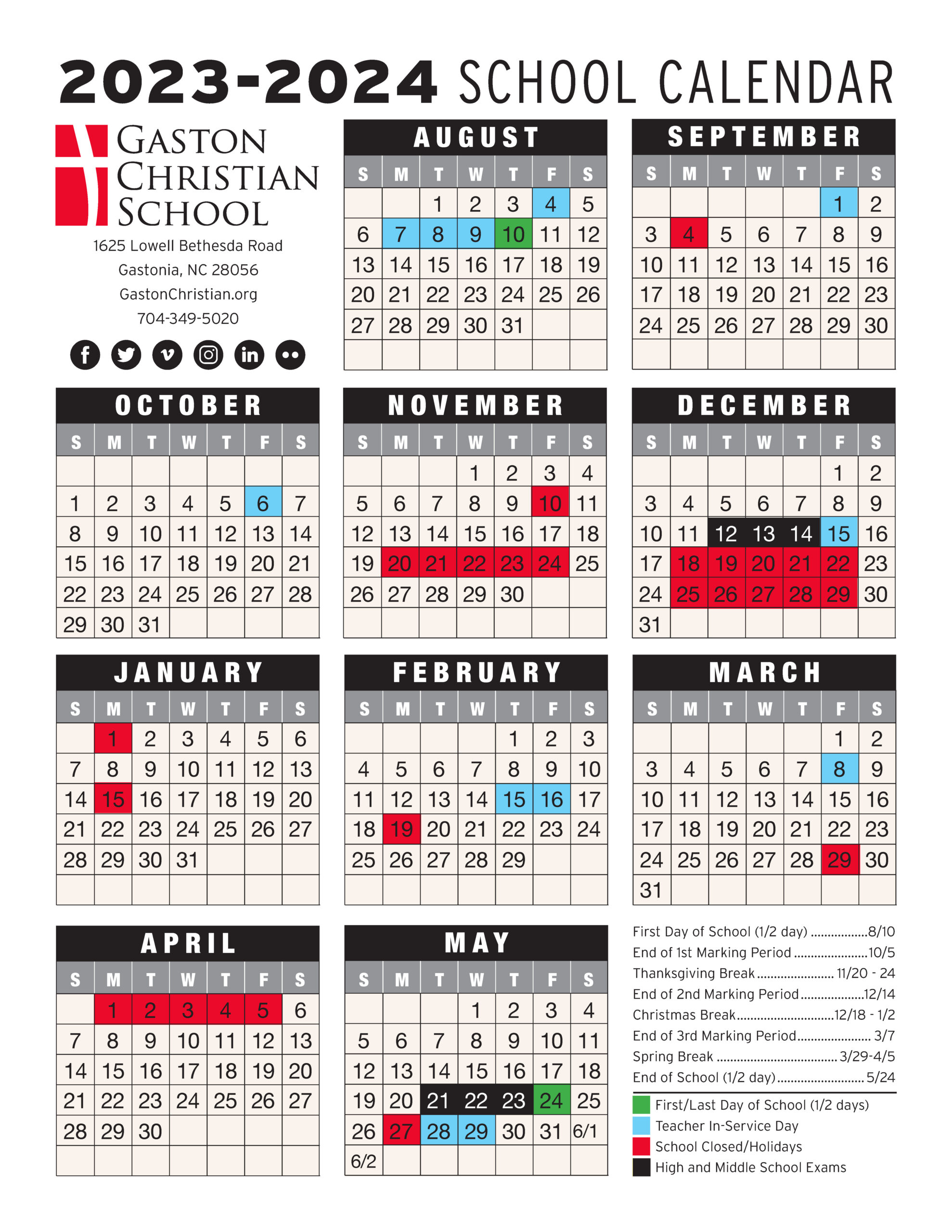 2023-2024 GCS Main School Calendar - Gaston Christian School